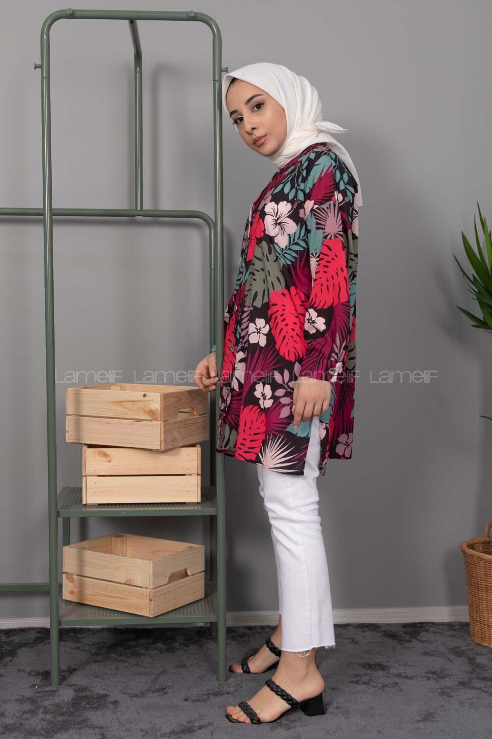 Modalamelif Çiçek Desen Dijital Baskı Gömlek Pastel Yeşili