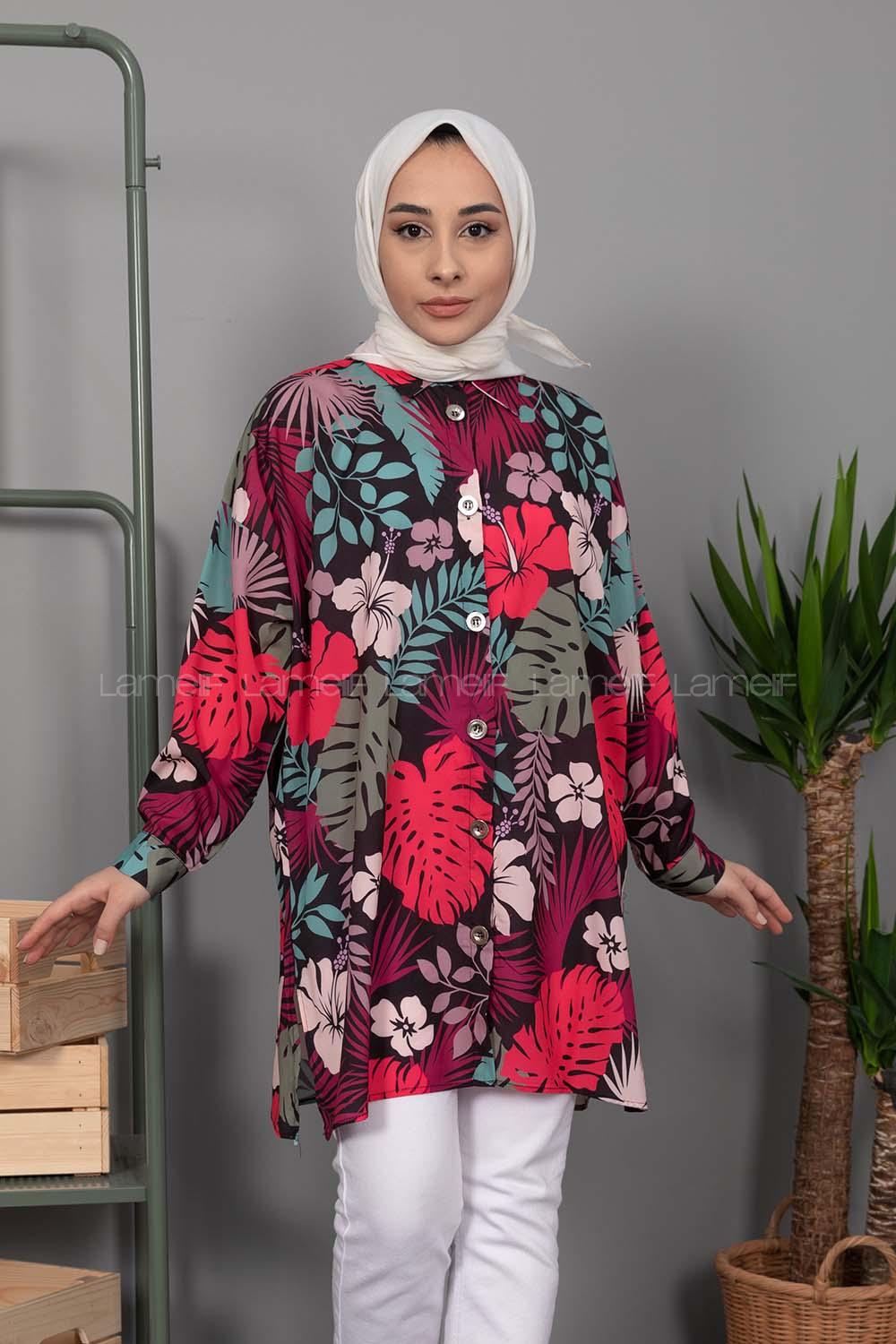 Modalamelif Çiçek Desen Dijital Baskı Gömlek Pastel Yeşili