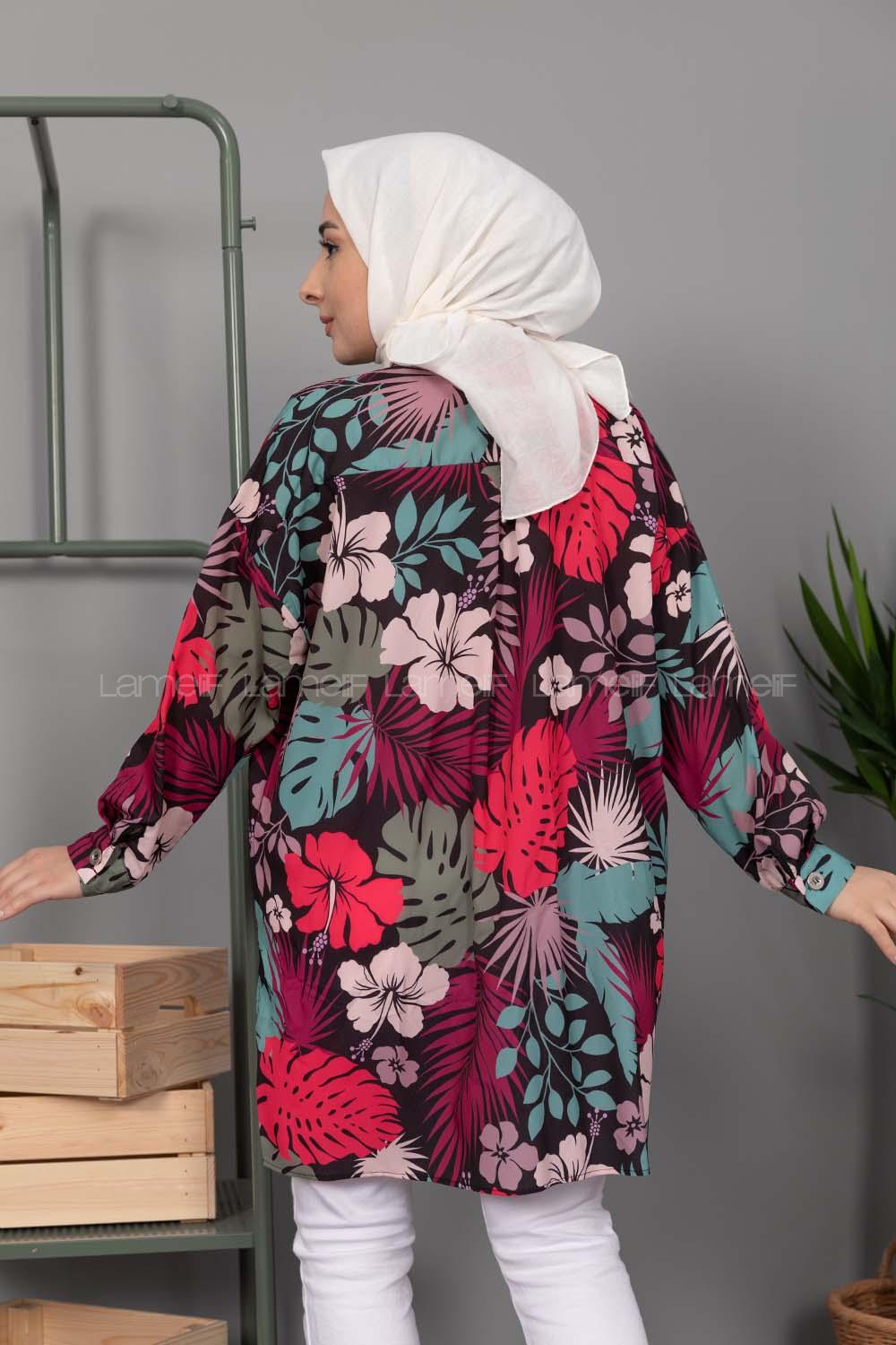 Modalamelif Çiçek Desen Dijital Baskı Gömlek Pastel Yeşili