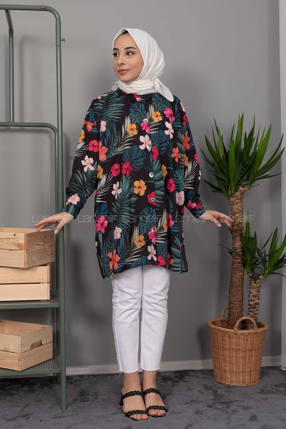 Modalamelif Çiçek  Desen Dijital Baskı Gömlek Su Yeşili