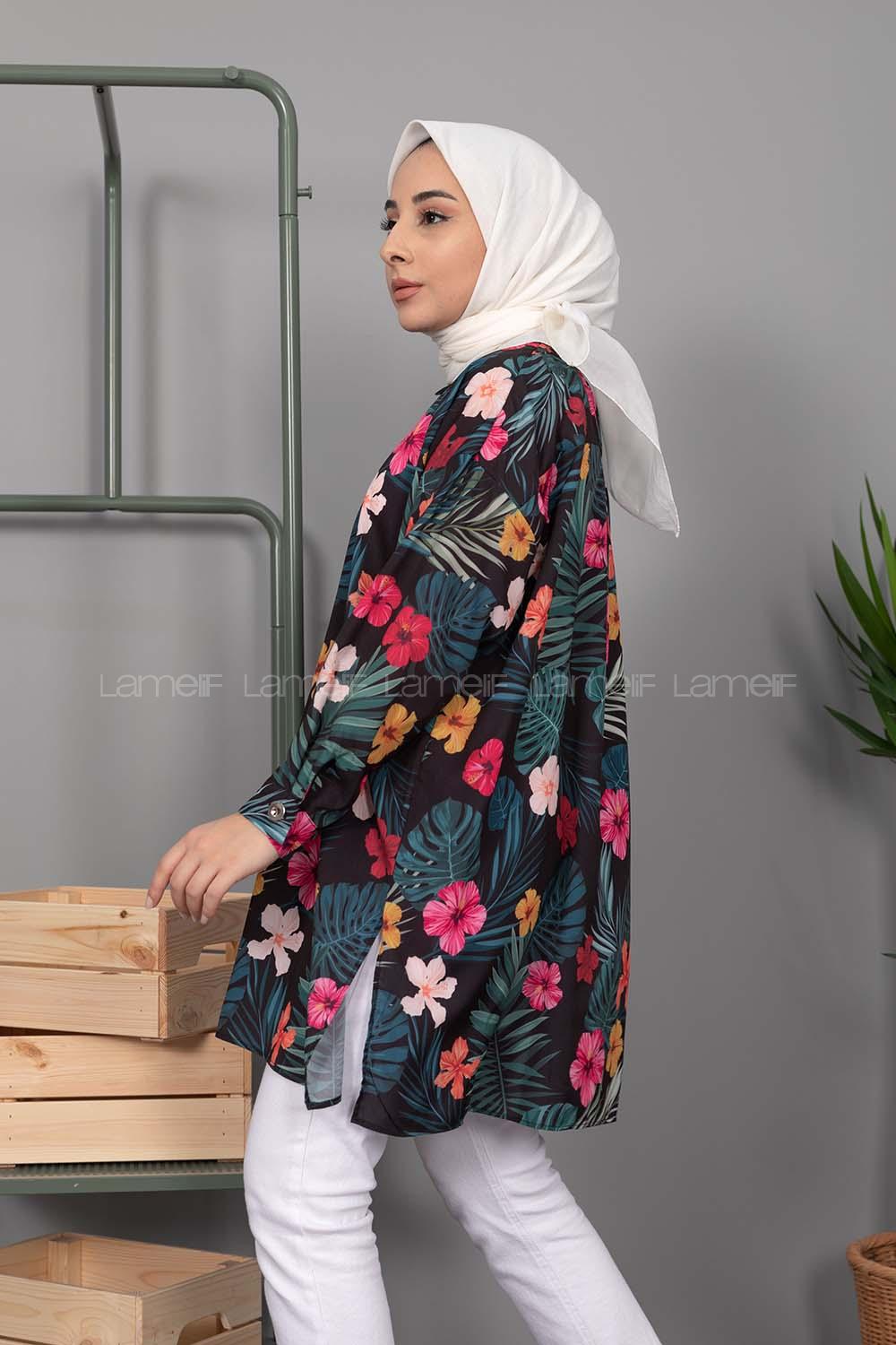 Modalamelif Çiçek  Desen Dijital Baskı Gömlek Su Yeşili