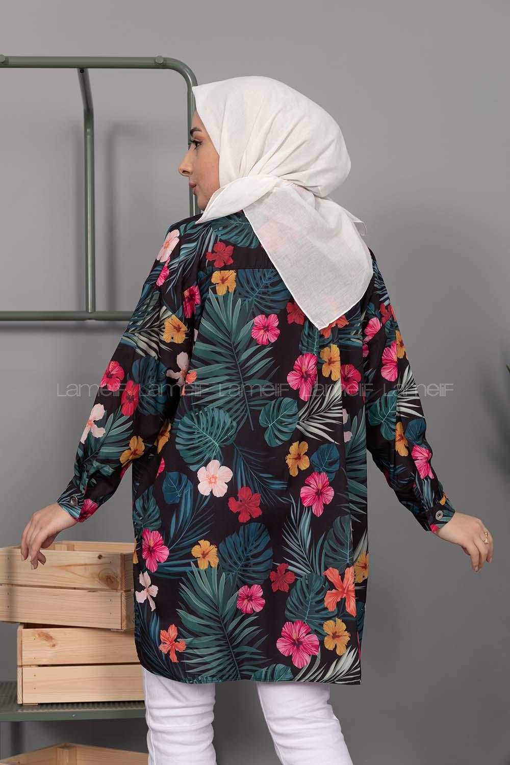 Modalamelif Çiçek  Desen Dijital Baskı Gömlek Su Yeşili