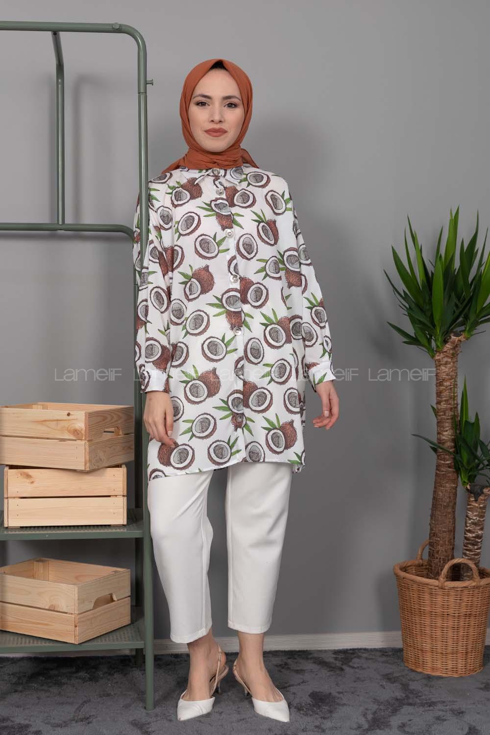 Modalamelif Coconat Desen Dijital Baskı Gömlek Ekru