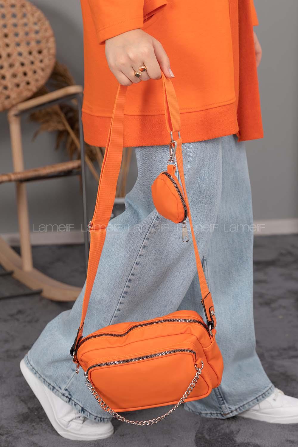 Modalamelif Cüzdan Aksesuarlı Saten Çanta Oranj