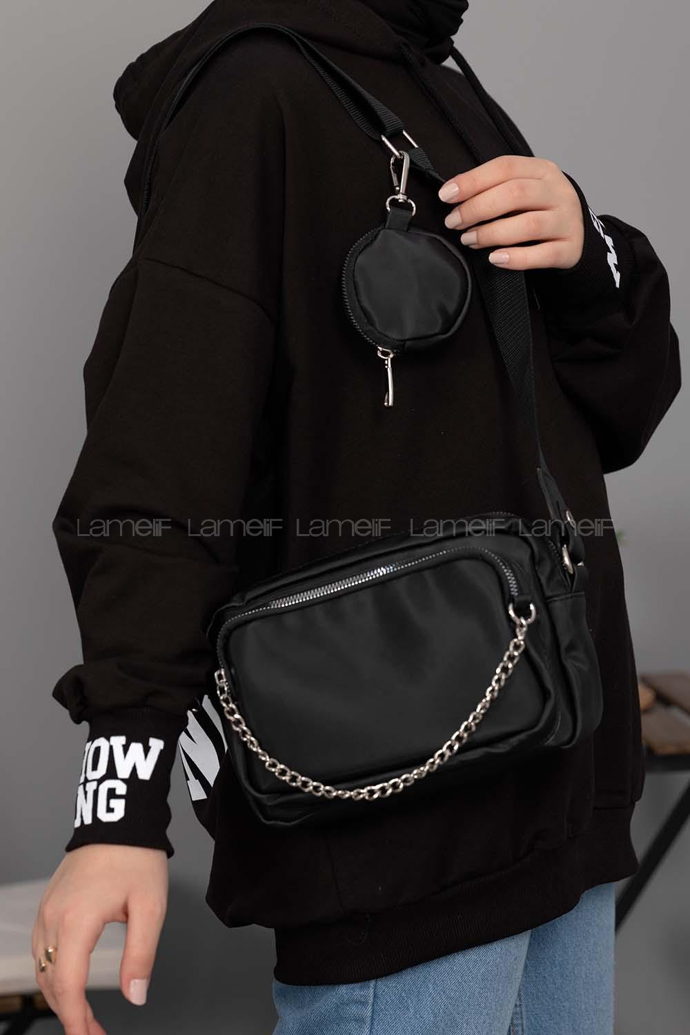 Modalamelif Cüzdan Aksesuarlı Saten Çanta Siyah