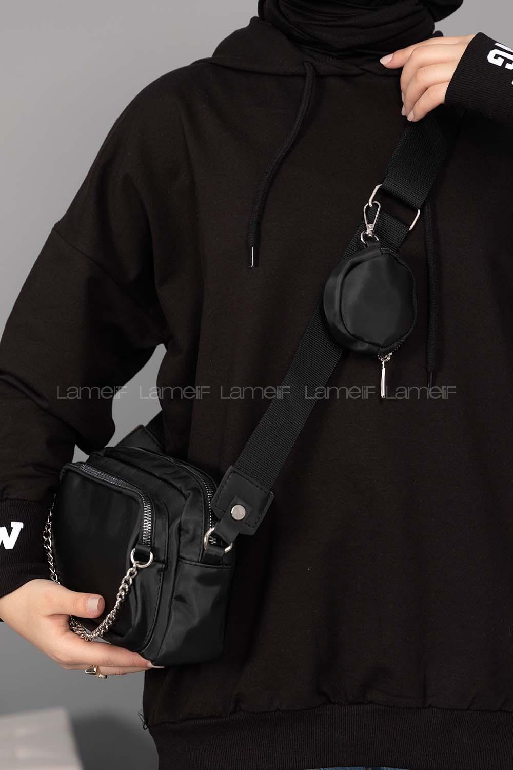 Modalamelif Cüzdan Aksesuarlı Saten Çanta Siyah