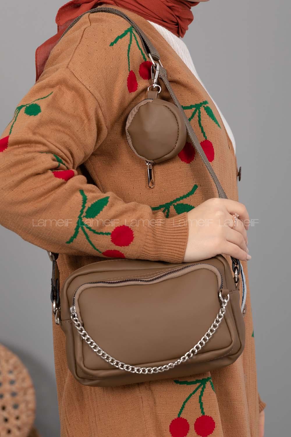 Modalamelif Cüzdan Aksesuarlı Saten Çanta Soft Kahve