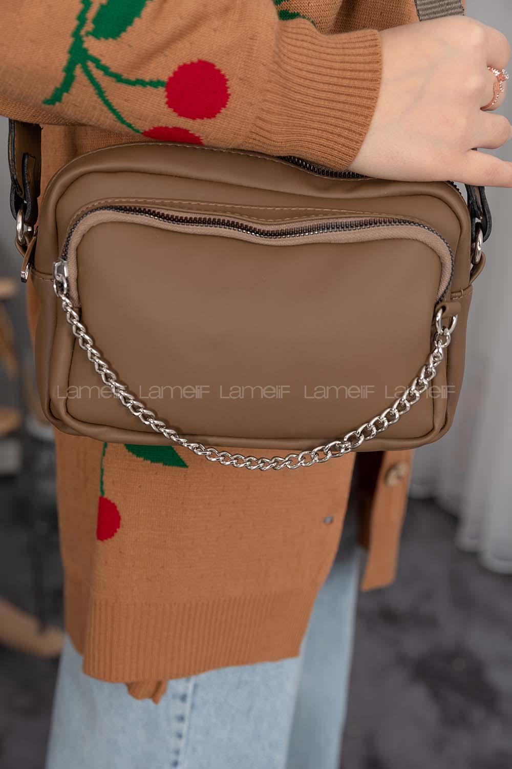 Modalamelif Cüzdan Aksesuarlı Saten Çanta Soft Kahve