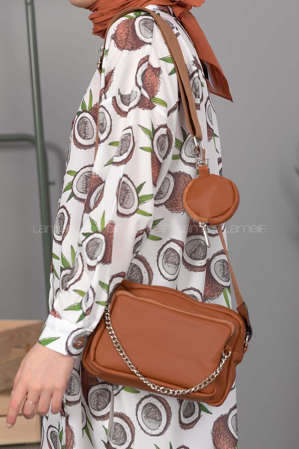 Modalamelif Cüzdan Aksesuarlı Saten Çanta Taba