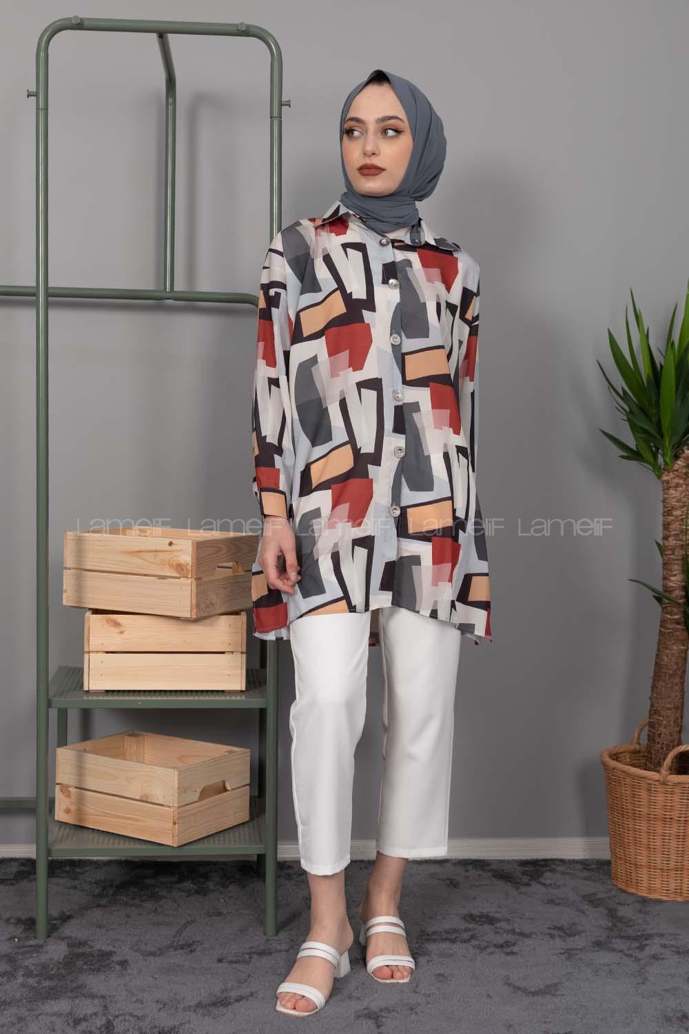 Modalamelif Etnik Desen Dijital Baskı Gömlek Açık Gri