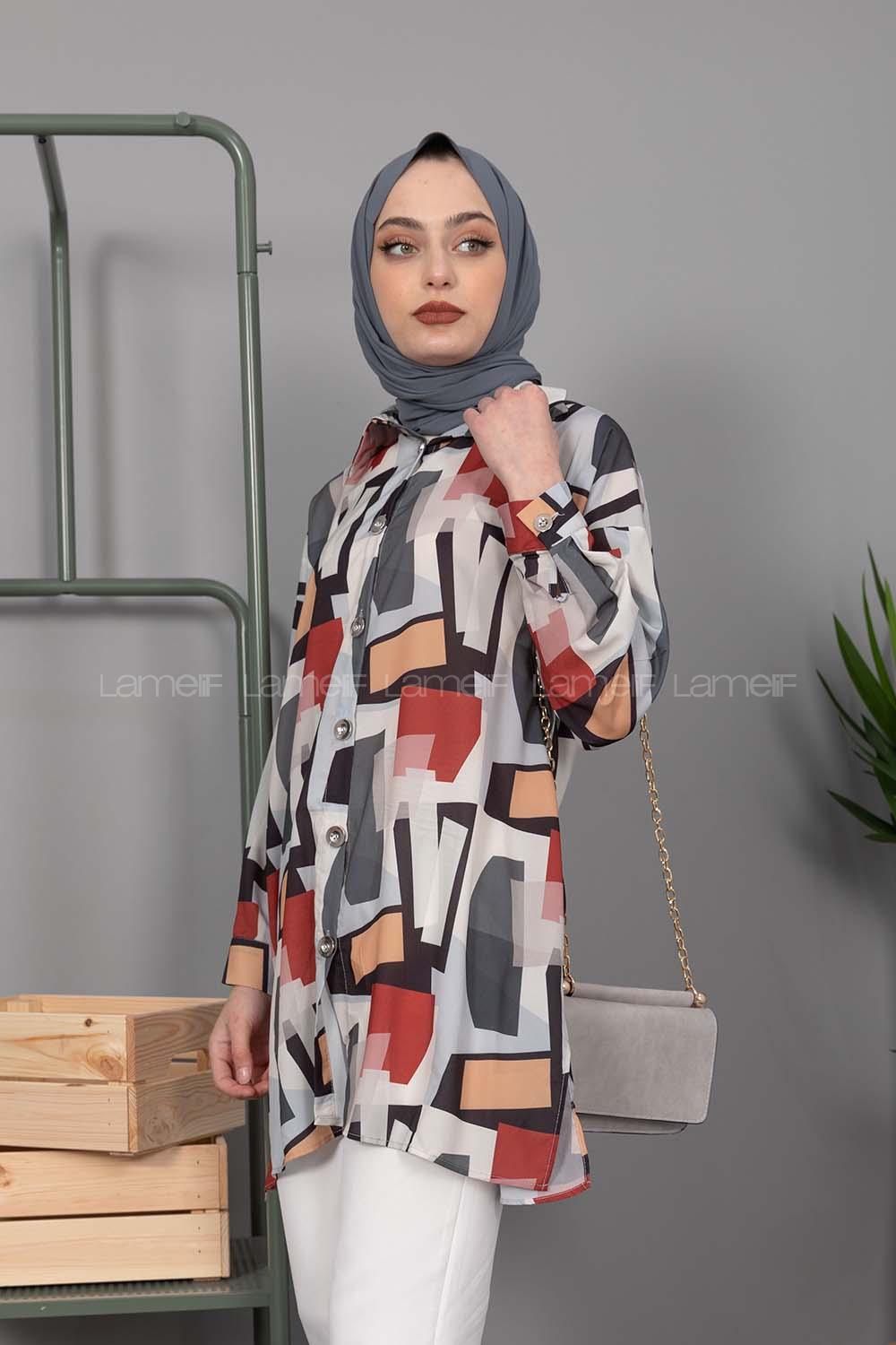 Modalamelif Etnik Desen Dijital Baskı Gömlek Açık Gri