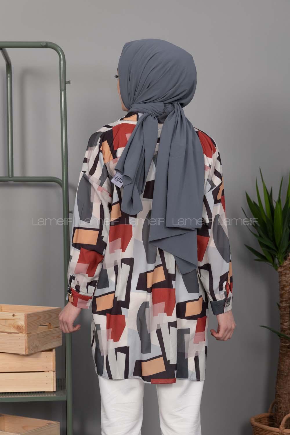 Modalamelif Etnik Desen Dijital Baskı Gömlek Açık Gri