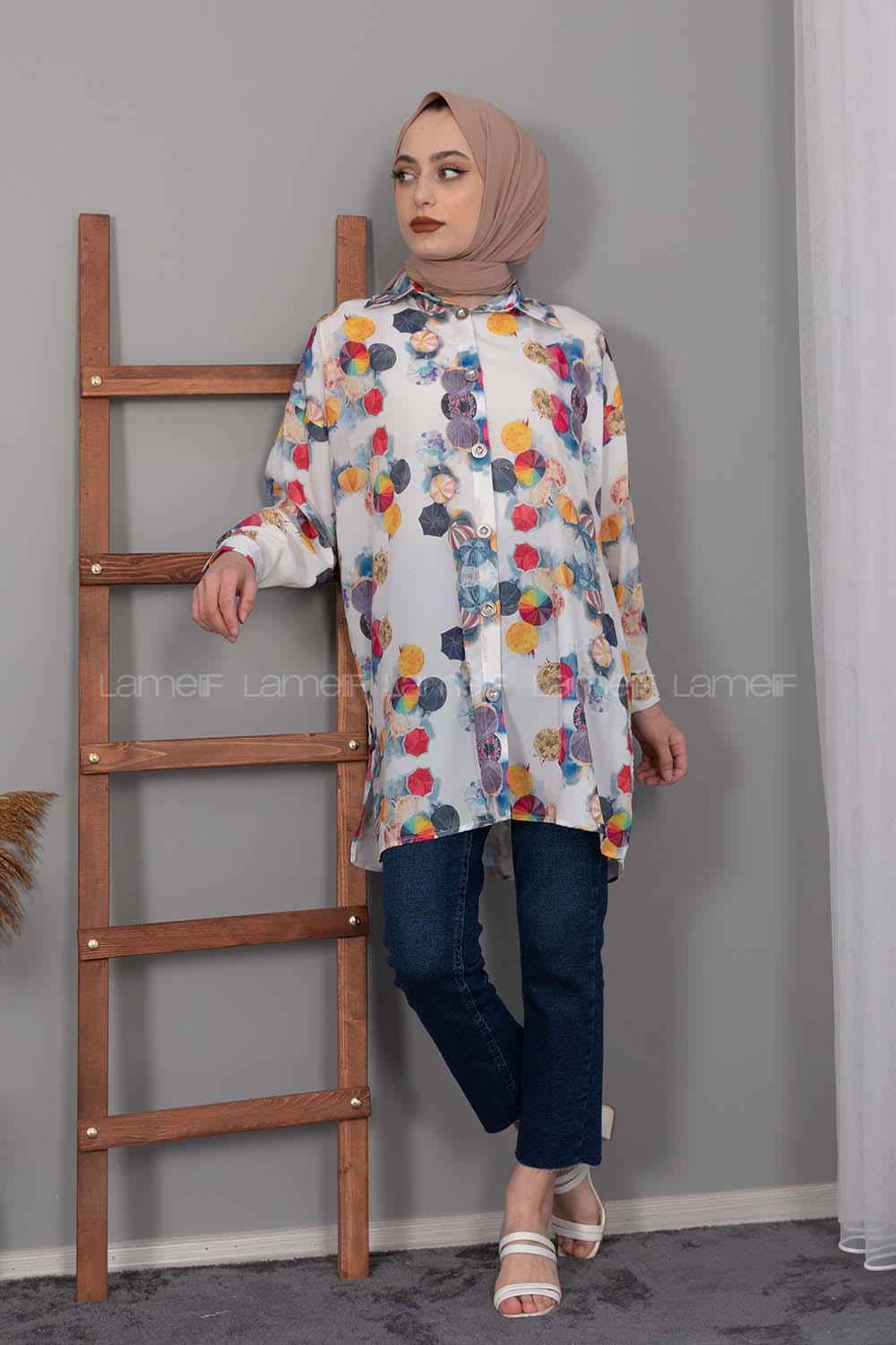 Modalamelif Etnik Desen Dijital Baskı Gömlek Lacivert