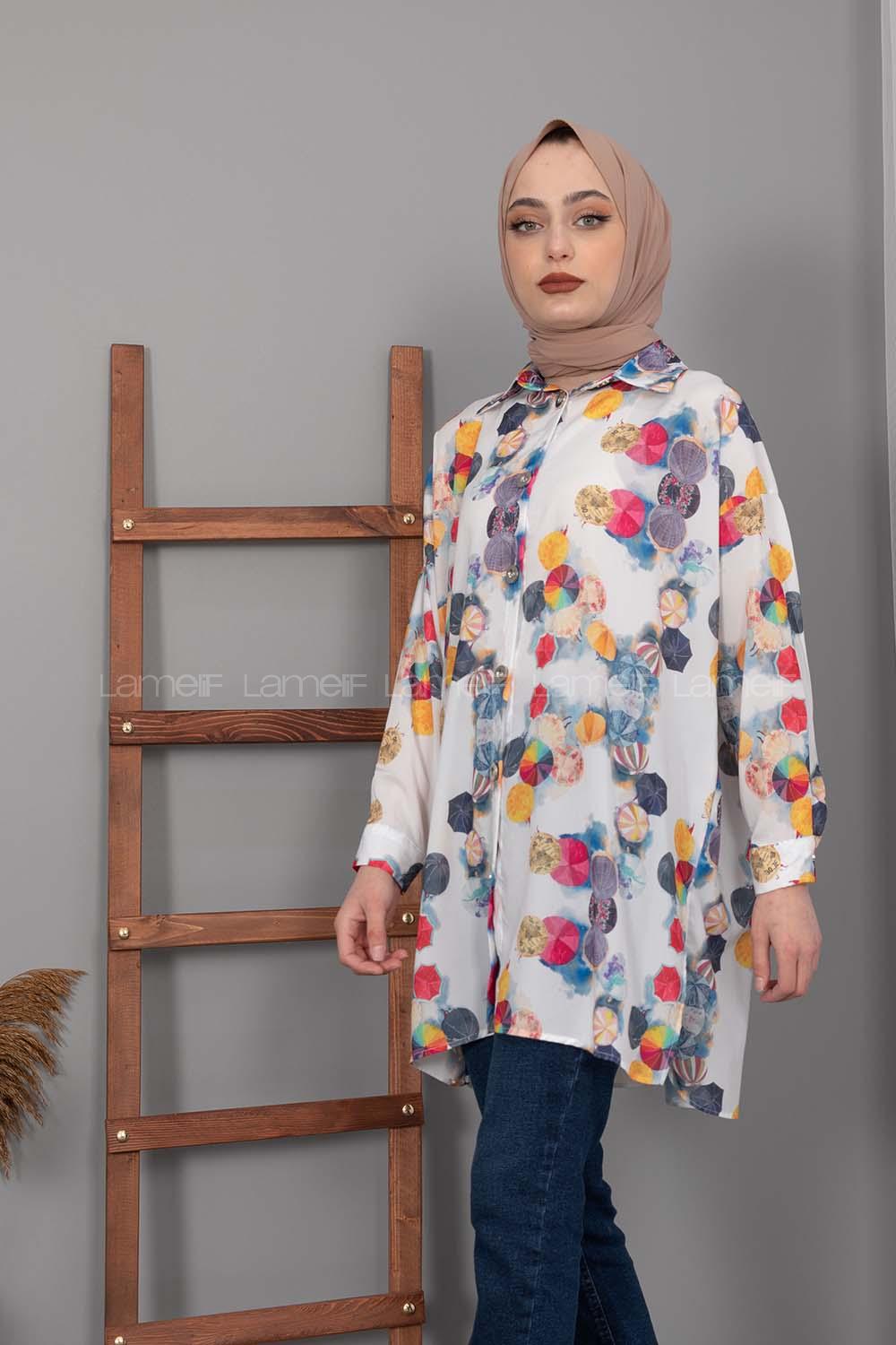 Modalamelif Etnik Desen Dijital Baskı Gömlek Lacivert