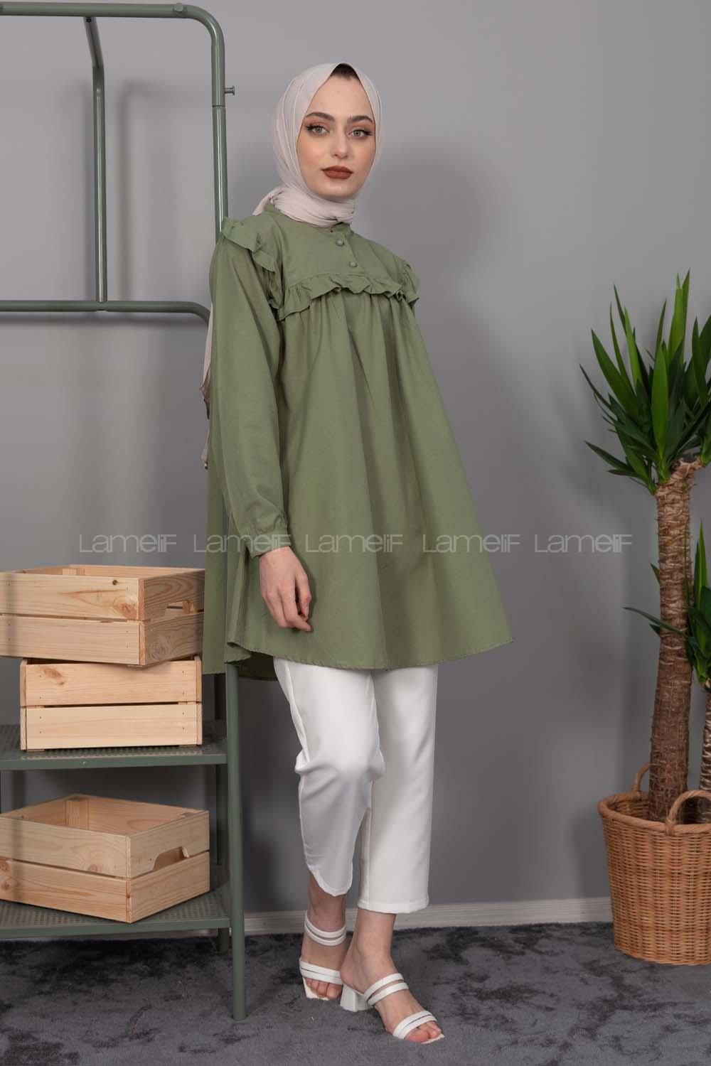 Modalamelif Hakim Yaka Fırfırlı Gömlek  Haki