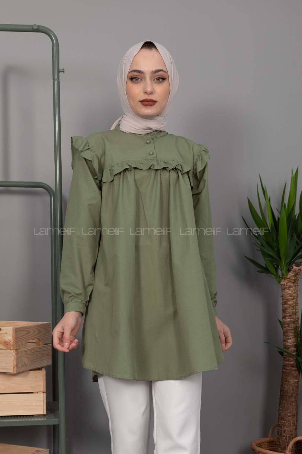 Modalamelif Hakim Yaka Fırfırlı Gömlek  Haki