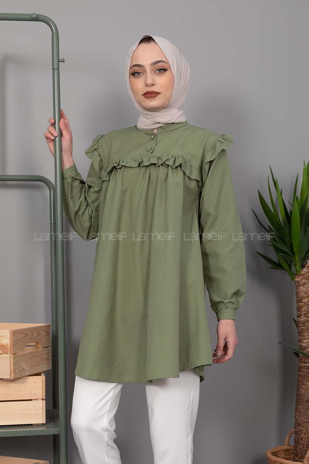 Modalamelif Hakim Yaka Fırfırlı Gömlek  Haki