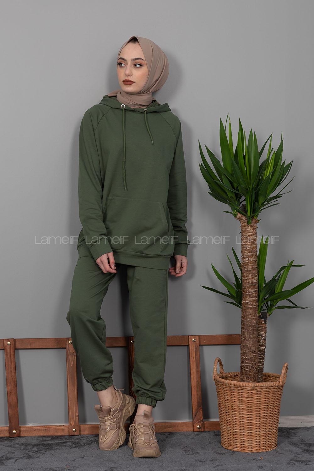 Modalamelif Kanguru Cep Kapşonlu İkili Takım Haki