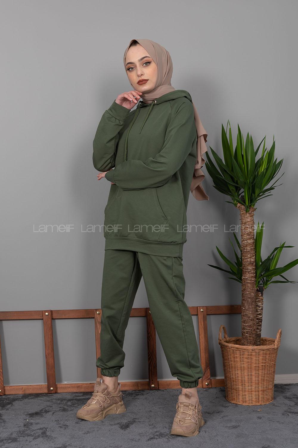 Modalamelif Kanguru Cep Kapşonlu İkili Takım Haki