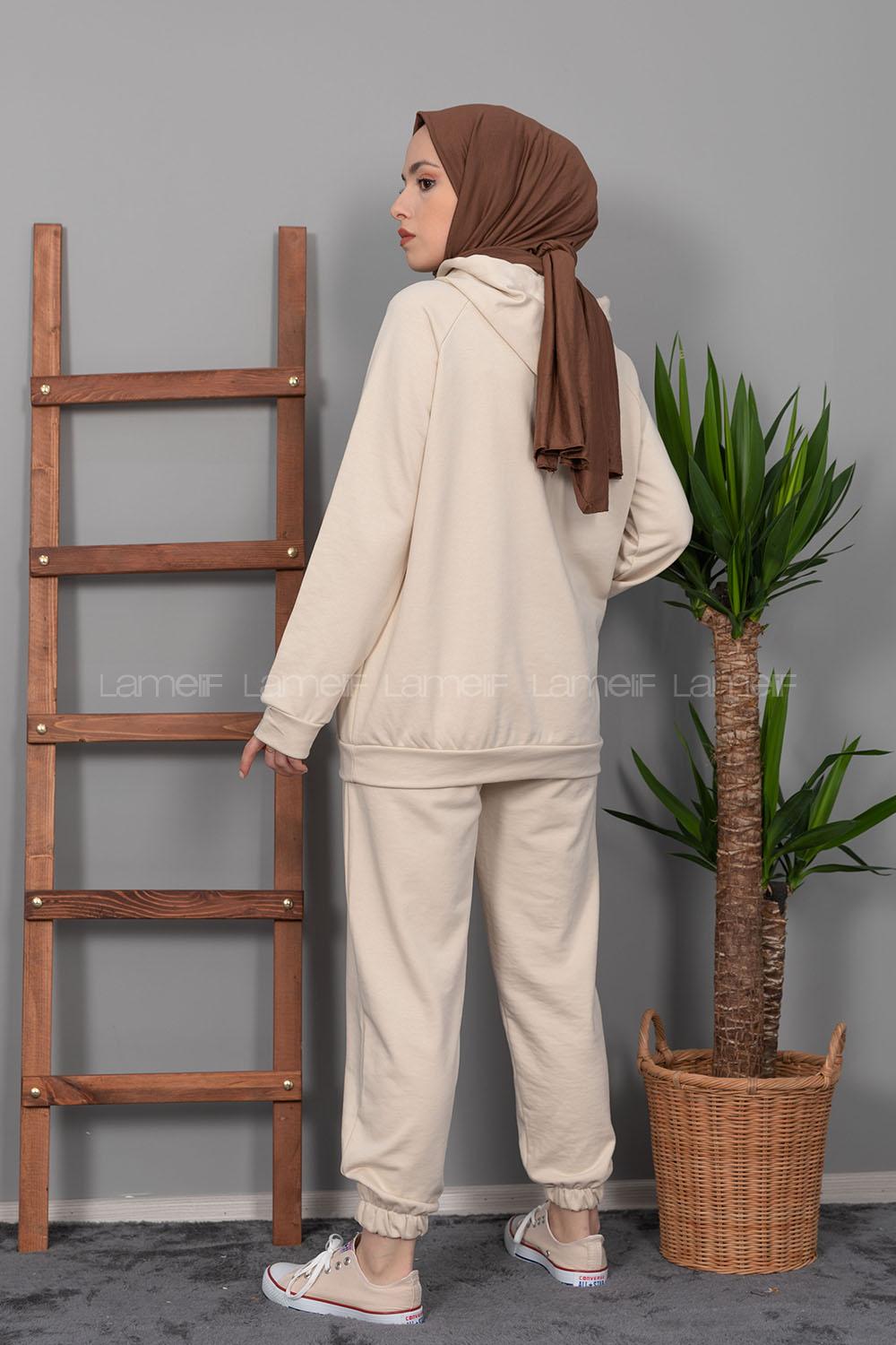 Modalamelif Kanguru Cep Kapşonlu İkili Takım Taş Rengi