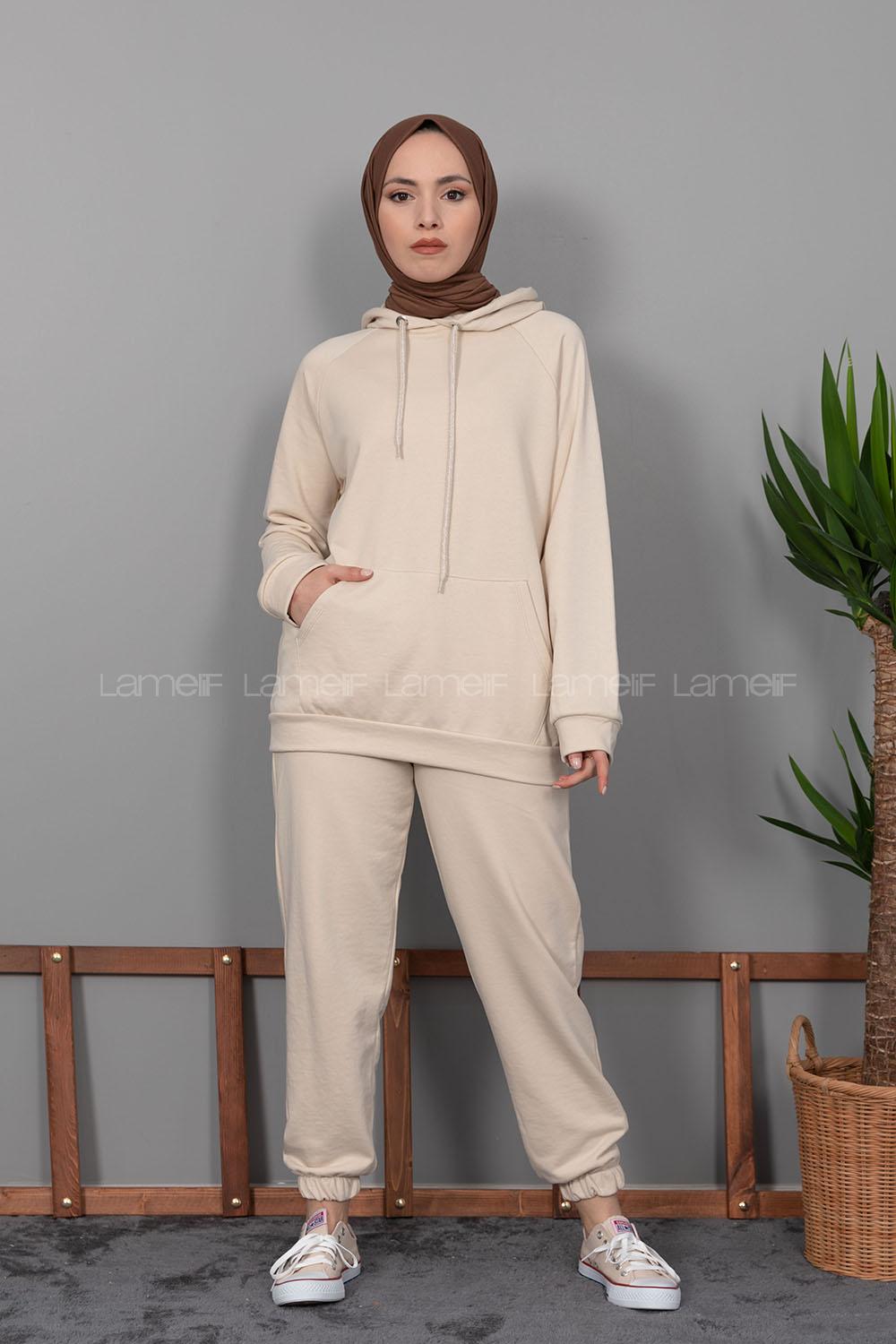 Modalamelif Kanguru Cep Kapşonlu İkili Takım Taş Rengi