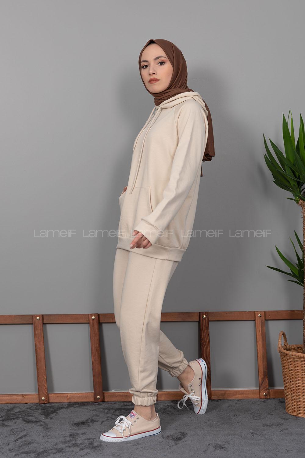 Modalamelif Kanguru Cep Kapşonlu İkili Takım Taş Rengi