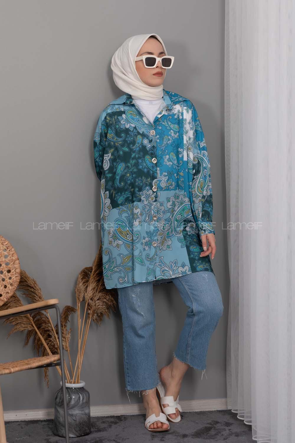 Modalamelif Kilim Desen Dijital Baskı Gömlek Turkuaz