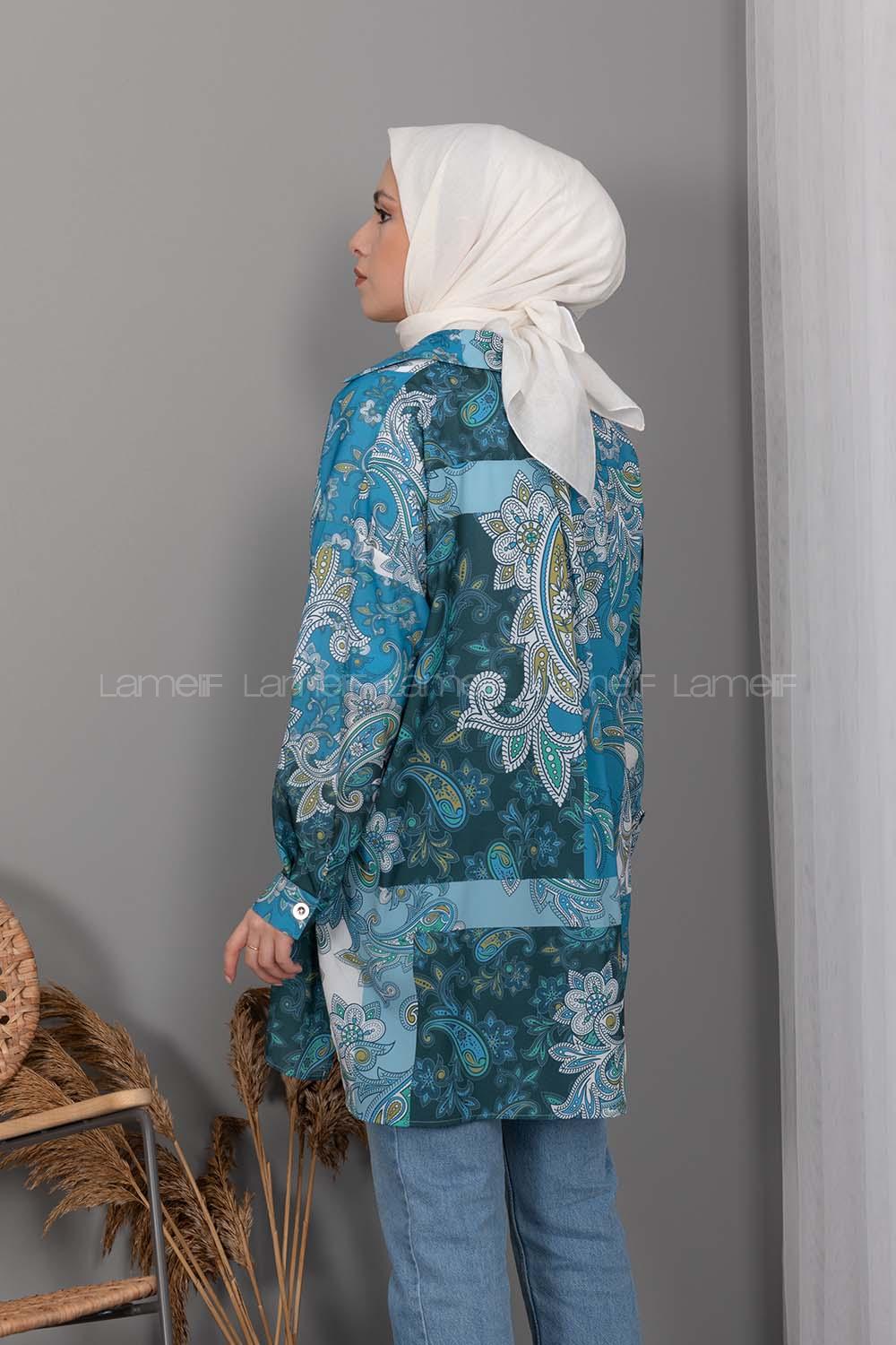 Modalamelif Kilim Desen Dijital Baskı Gömlek Turkuaz