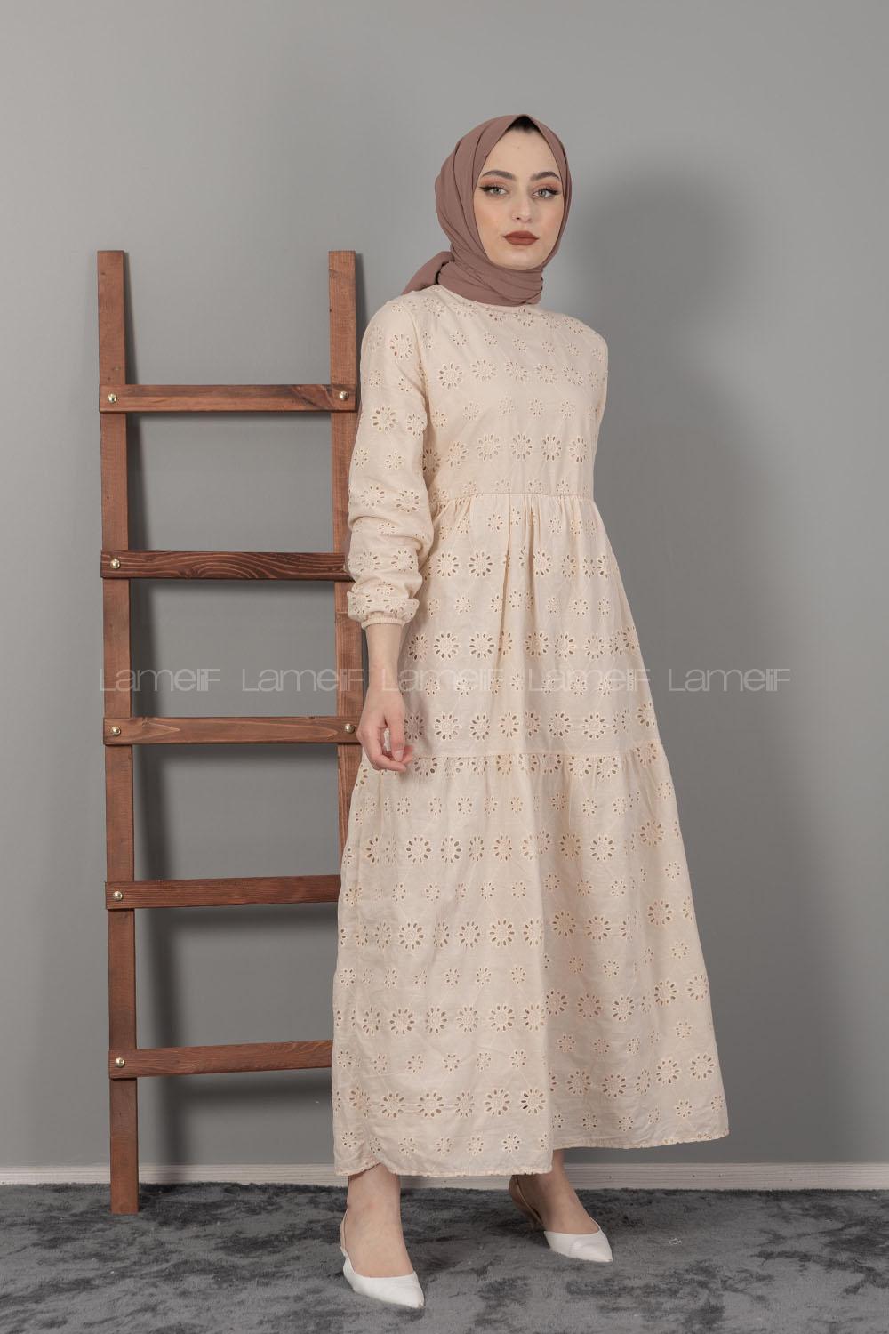 Modalamelif Kol Lastikli Çiçek Dantel Elbise Bej
