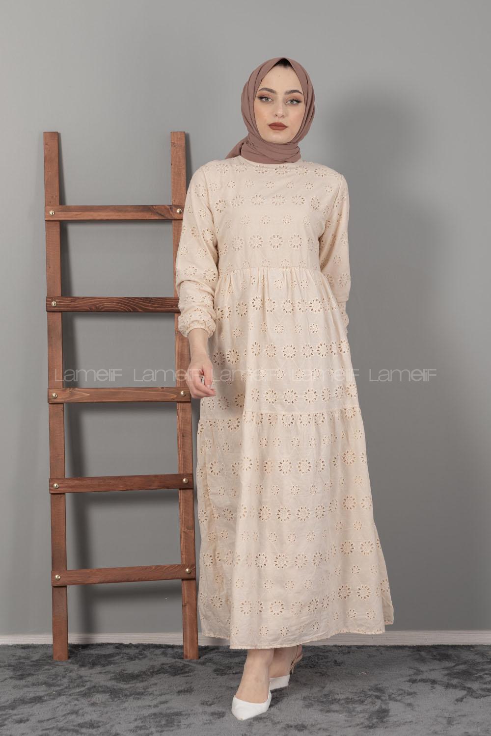 Modalamelif Kol Lastikli Çiçek Dantel Elbise Bej