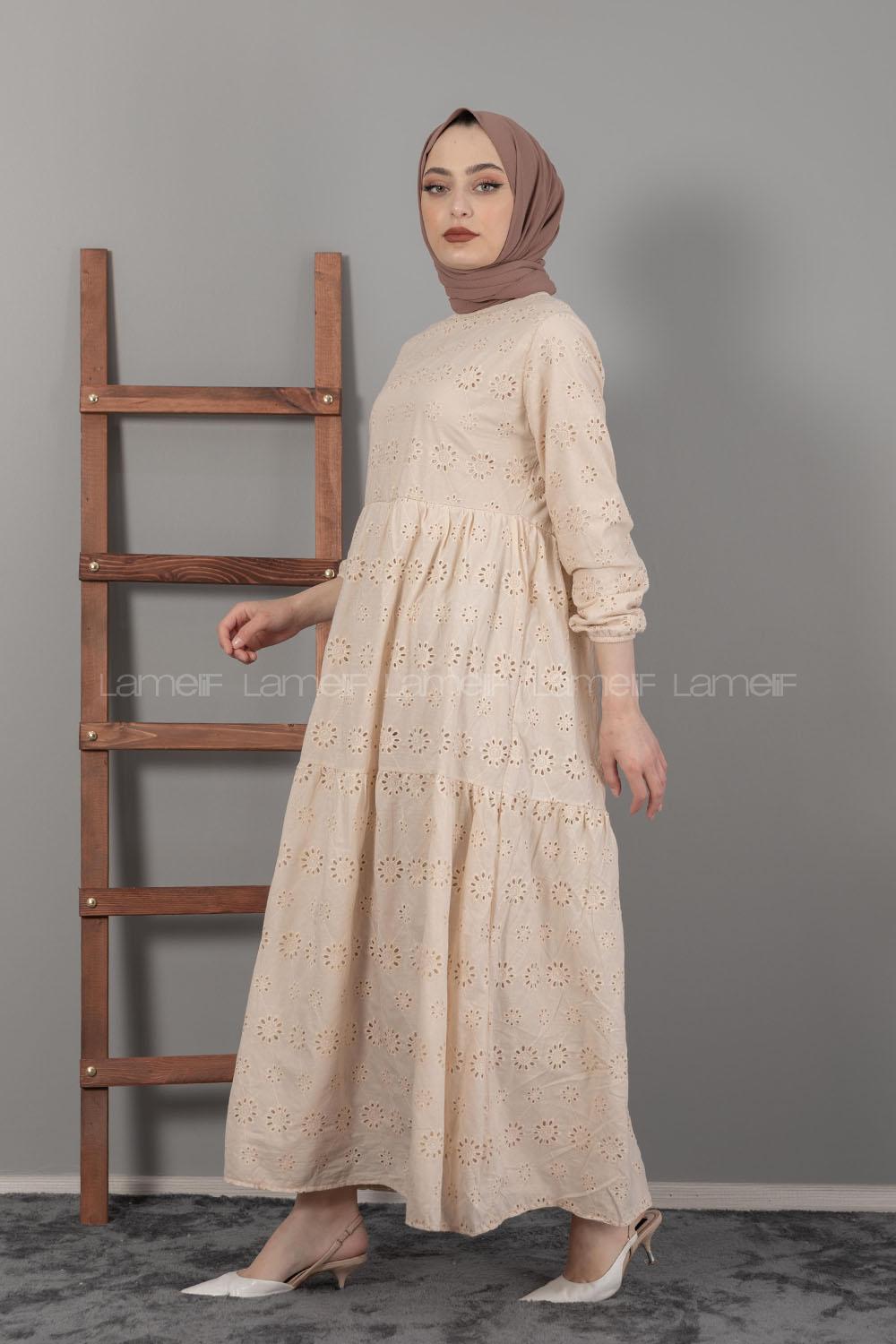 Modalamelif Kol Lastikli Çiçek Dantel Elbise Bej