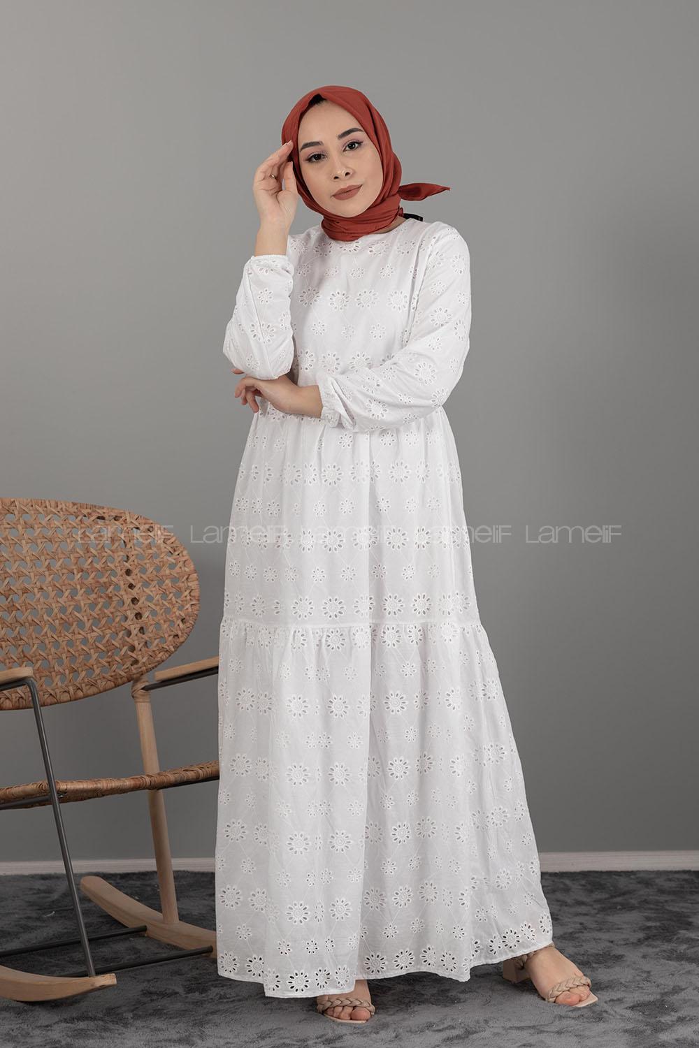 Modalamelif Kol Lastikli Çiçek Dantel Elbise Ekru