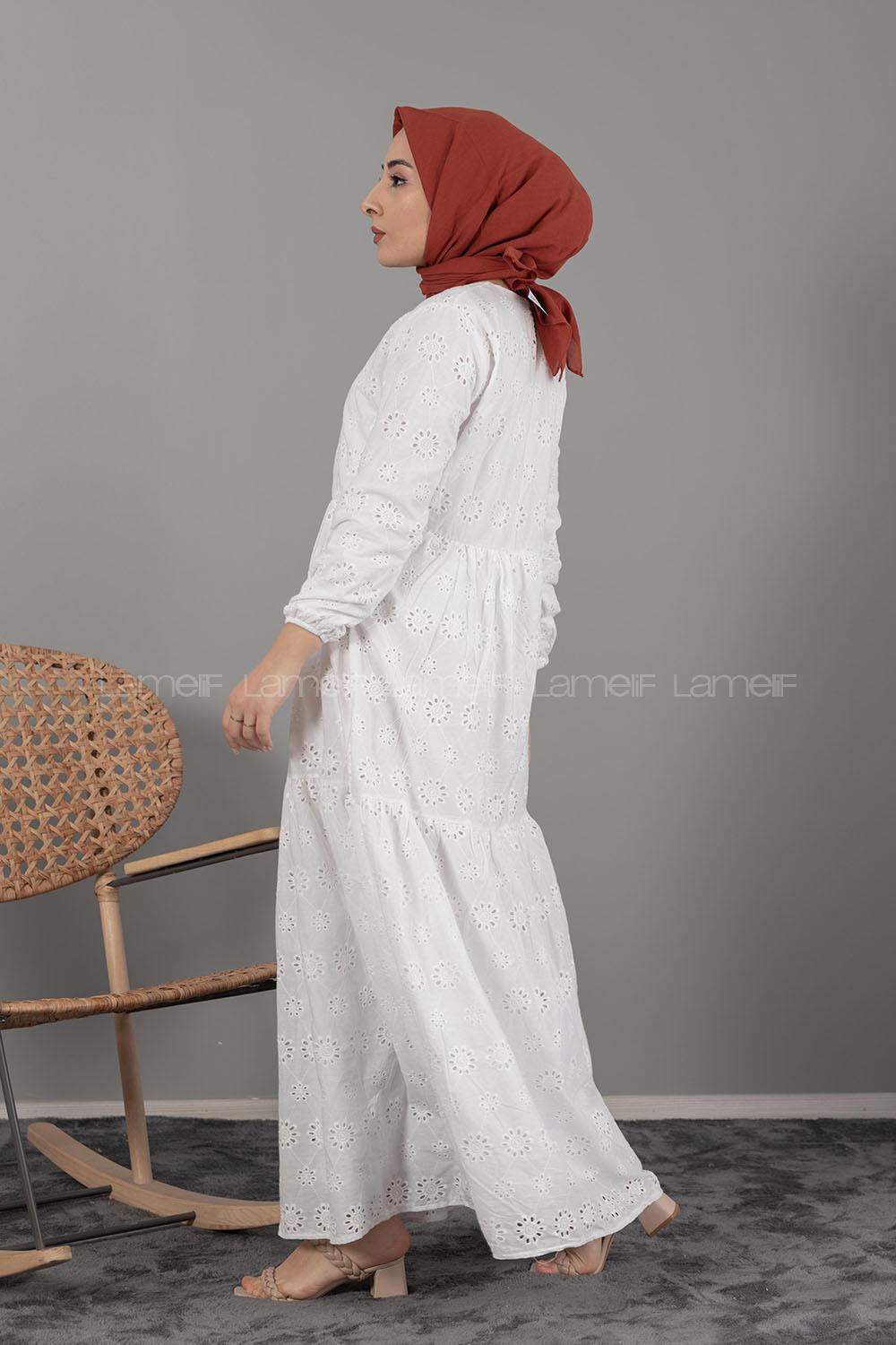 Modalamelif Kol Lastikli Çiçek Dantel Elbise Ekru