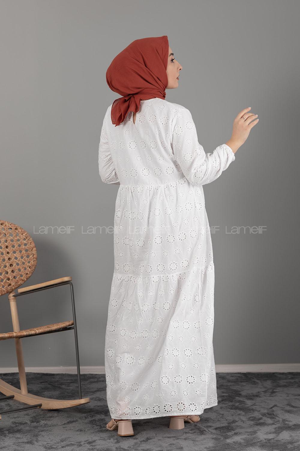 Modalamelif Kol Lastikli Çiçek Dantel Elbise Ekru