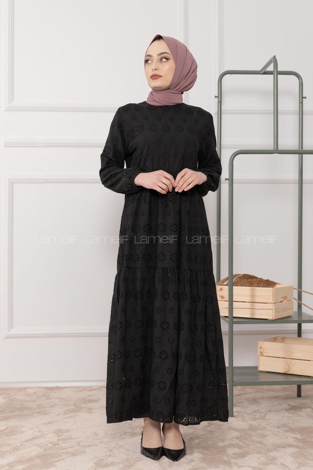 Modalamelif Kol Lastikli Çiçek Dantel Elbise Siyah