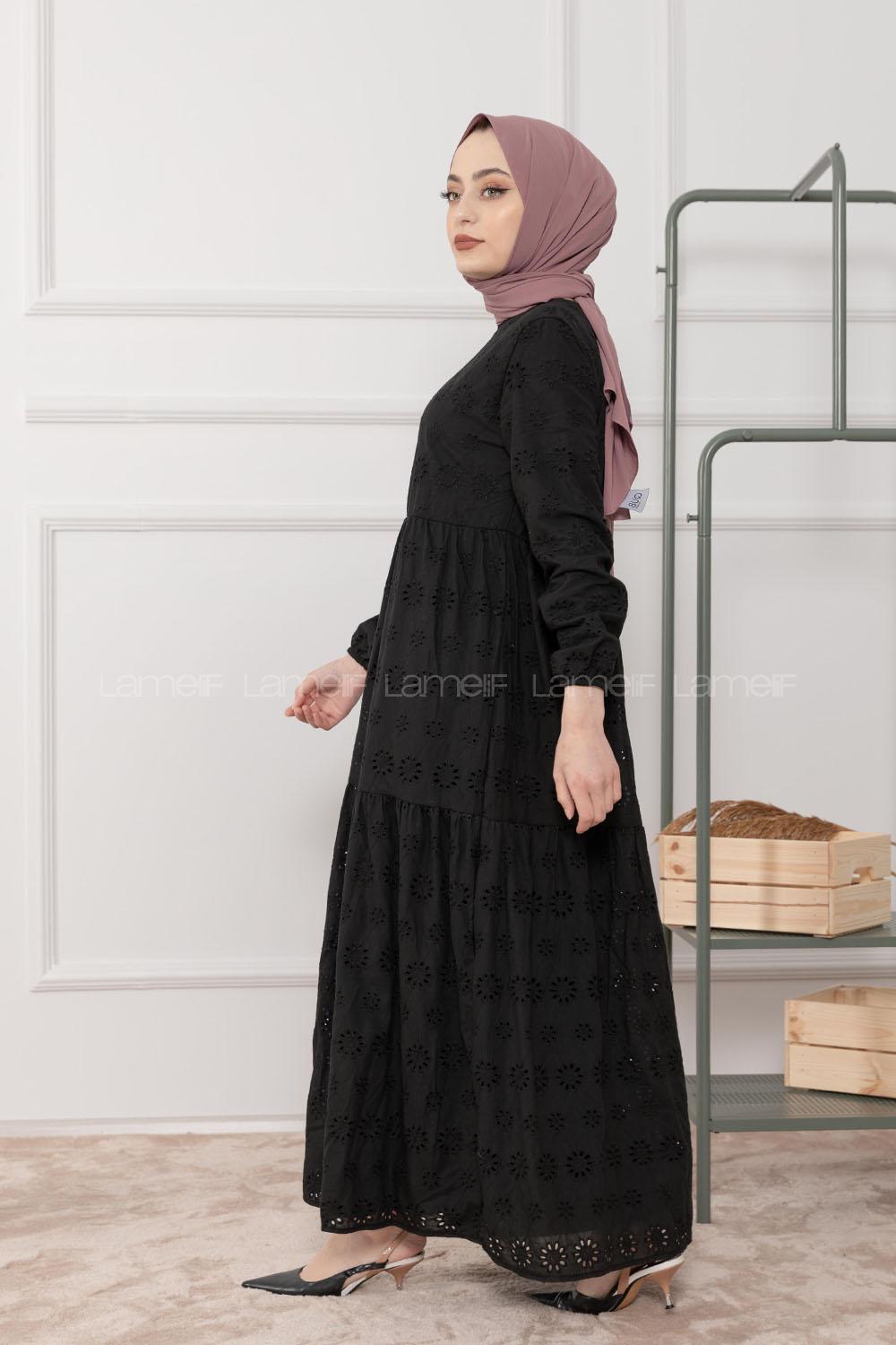 Modalamelif Kol Lastikli Çiçek Dantel Elbise Siyah