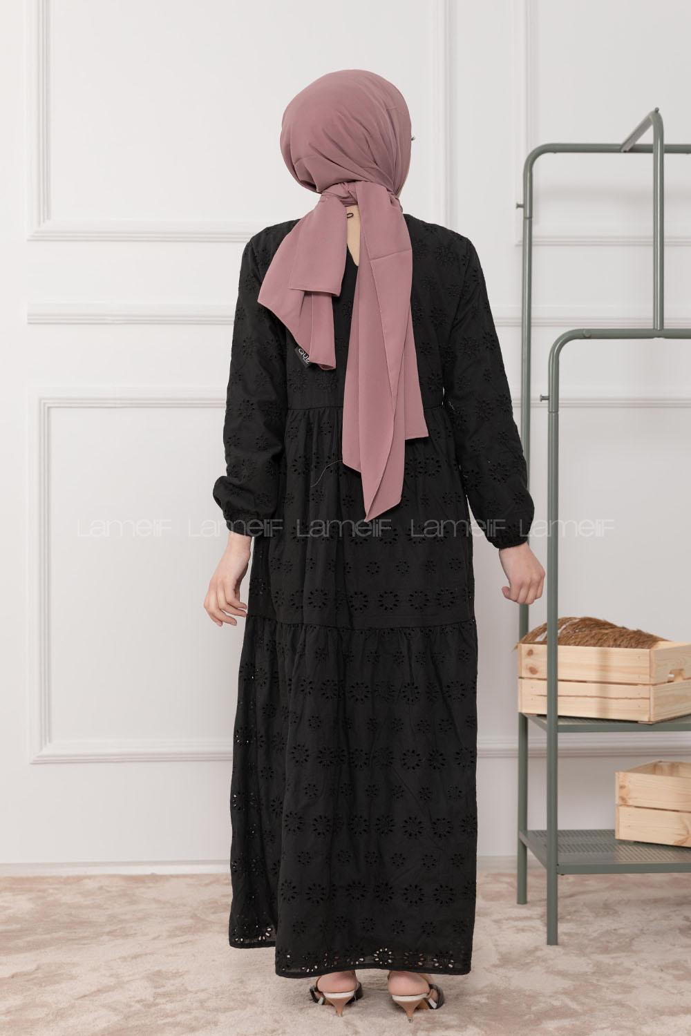 Modalamelif Kol Lastikli Çiçek Dantel Elbise Siyah