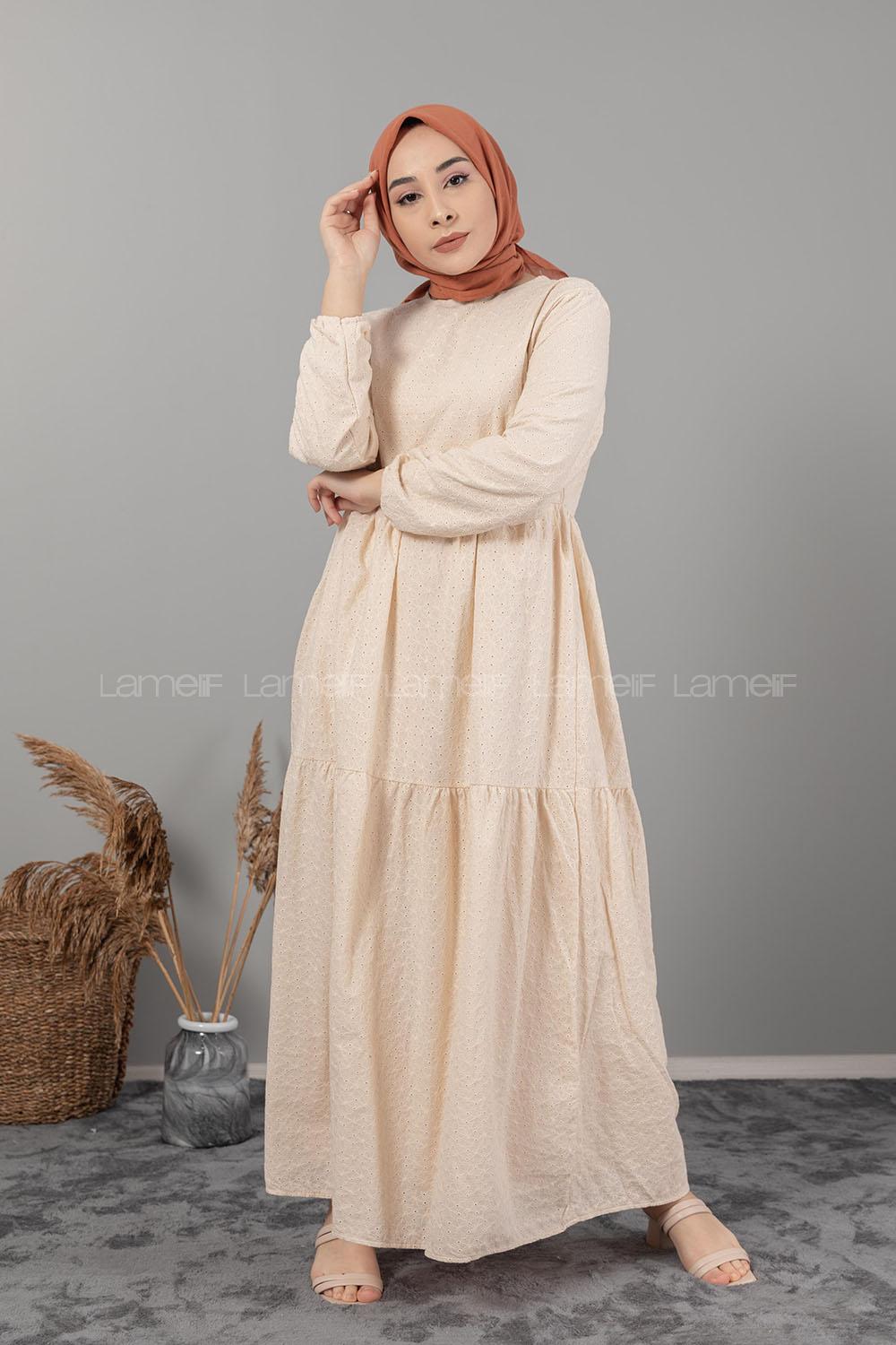 Modalamelif Kol Lastikli Dantel Detaylı Elbise Bej