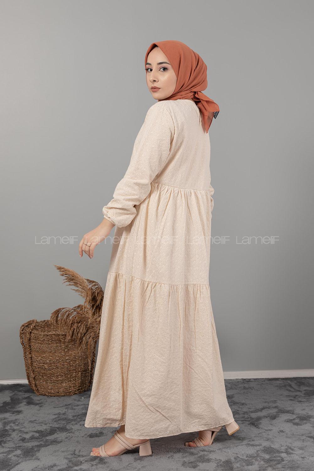 Modalamelif Kol Lastikli Dantel Detaylı Elbise Bej