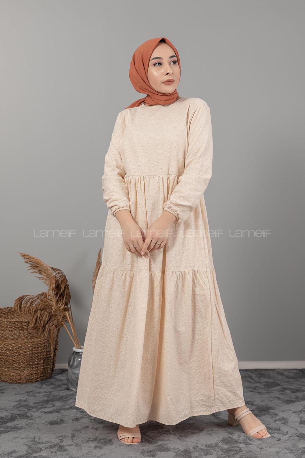 Modalamelif Kol Lastikli Dantel Detaylı Elbise Bej