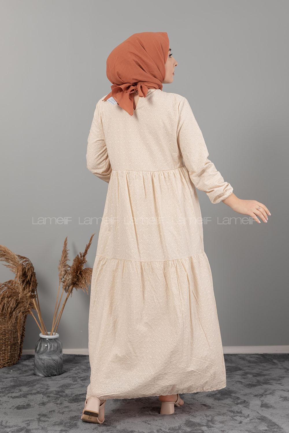 Modalamelif Kol Lastikli Dantel Detaylı Elbise Bej