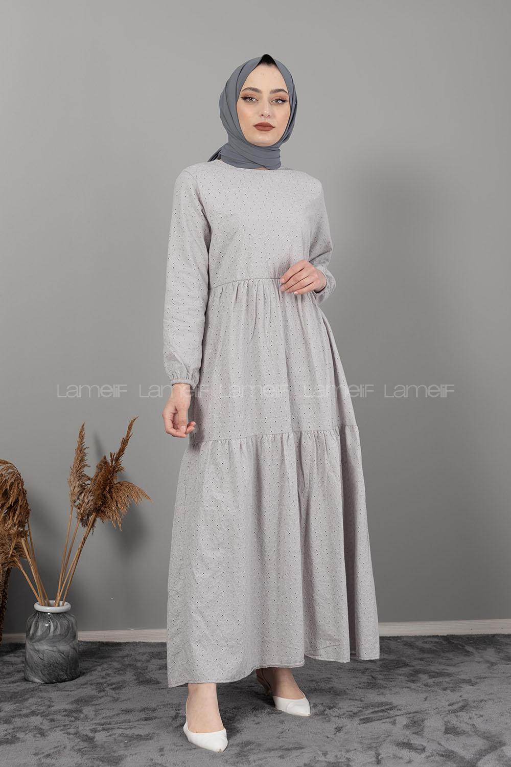 Modalamelif Kol Lastikli Dantel Detaylı Elbise Gri