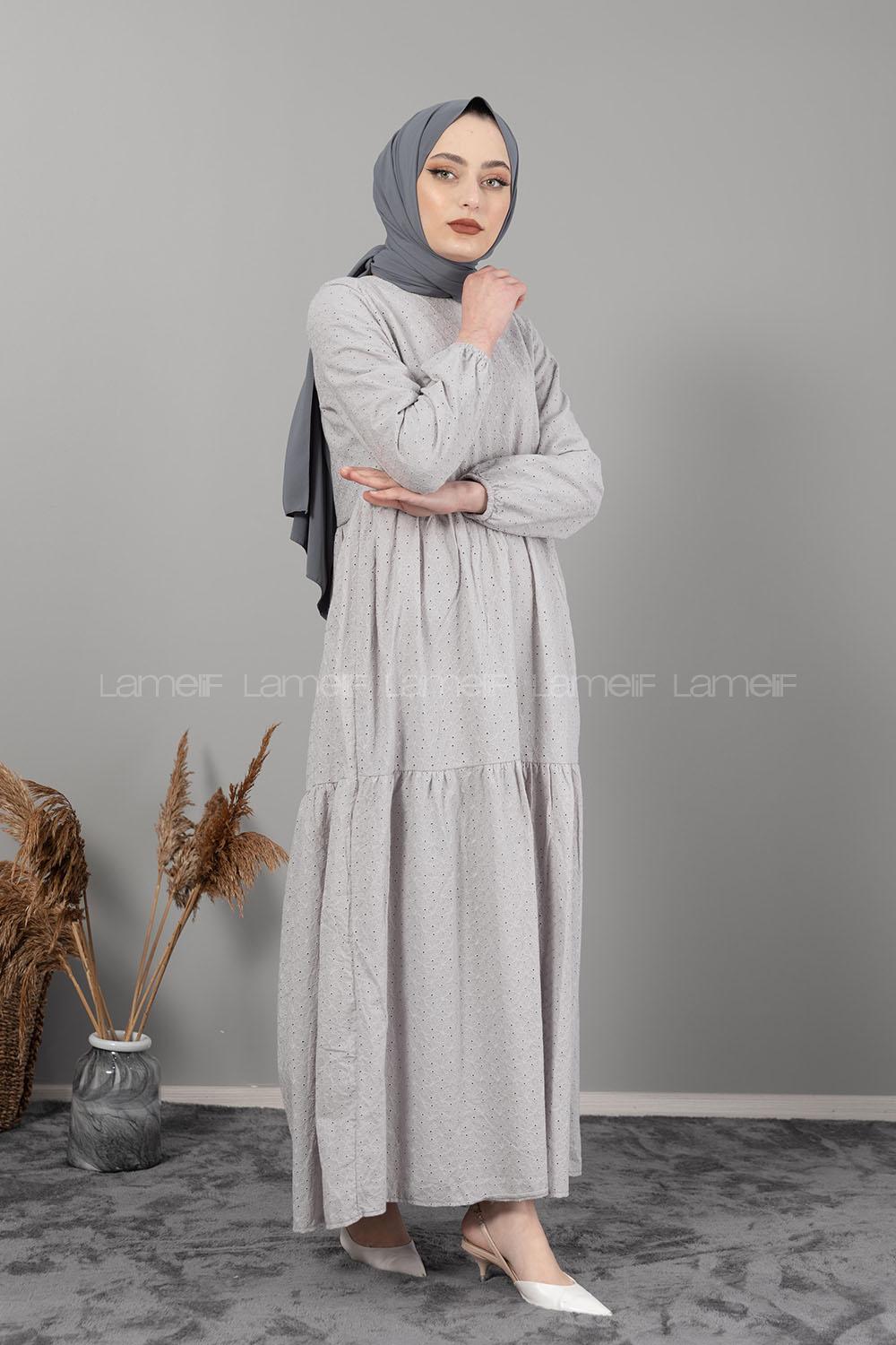 Modalamelif Kol Lastikli Dantel Detaylı Elbise Gri