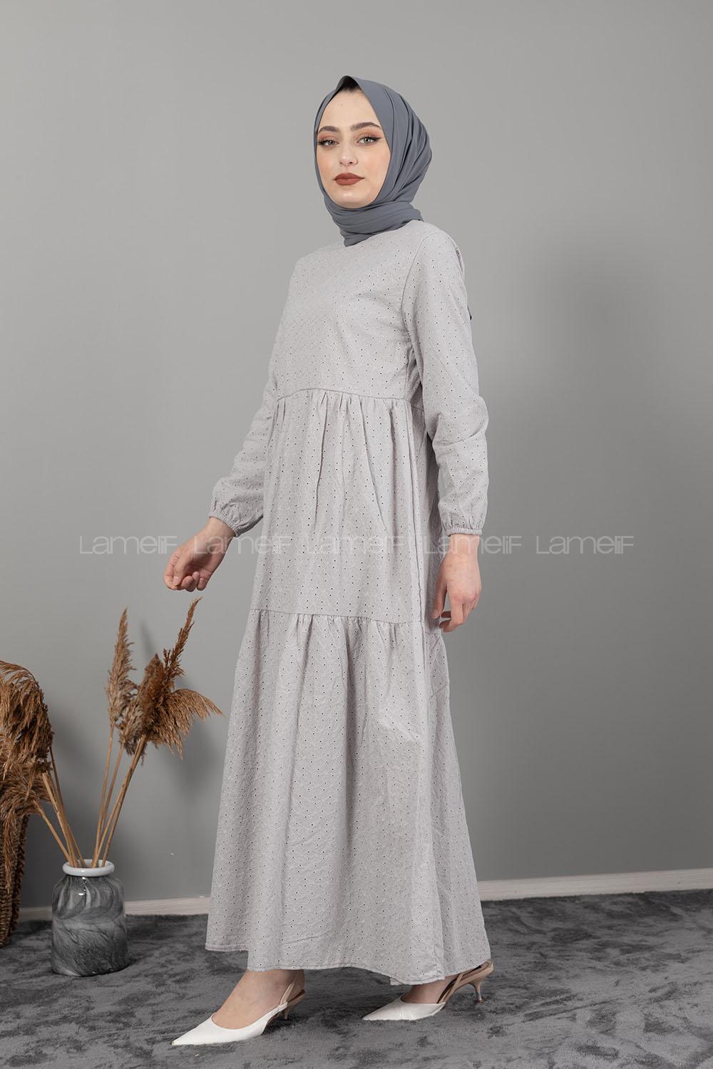 Modalamelif Kol Lastikli Dantel Detaylı Elbise Gri