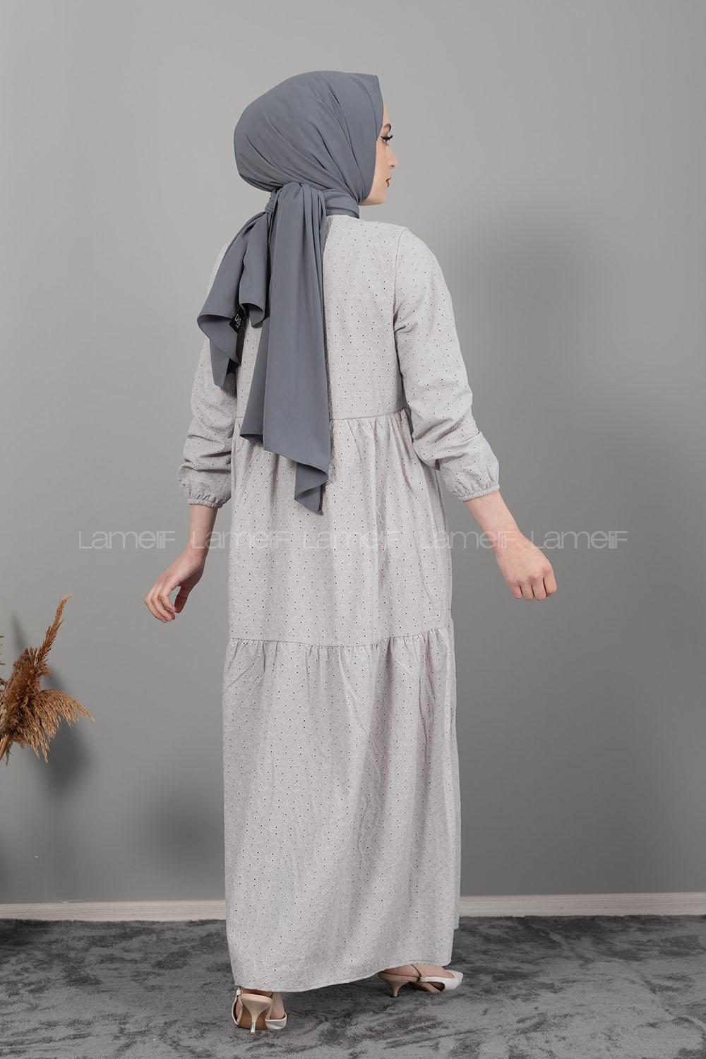 Modalamelif Kol Lastikli Dantel Detaylı Elbise Gri