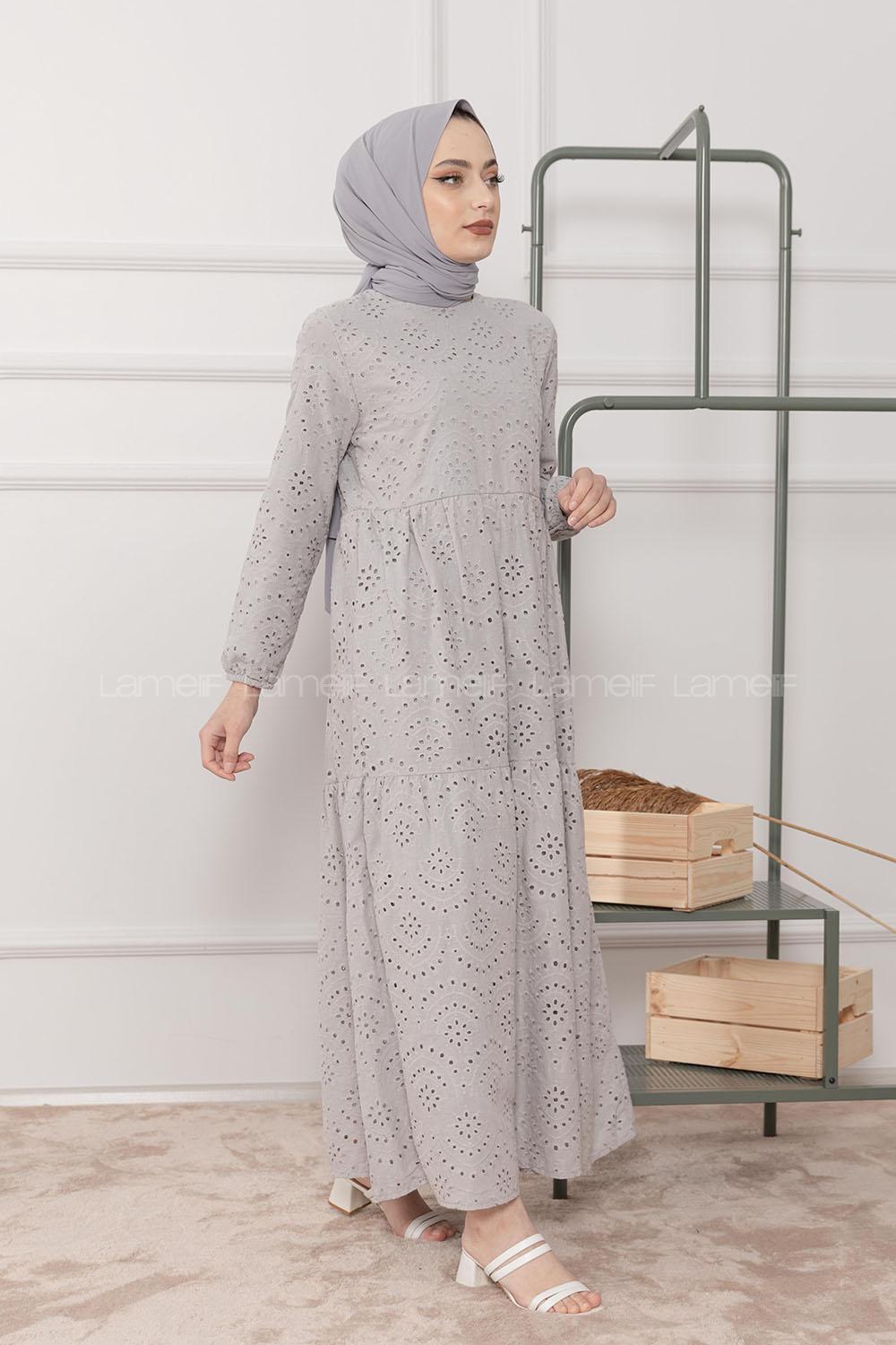Modalamelif Kol Lastikli Papatya Dantel Elbise Gri