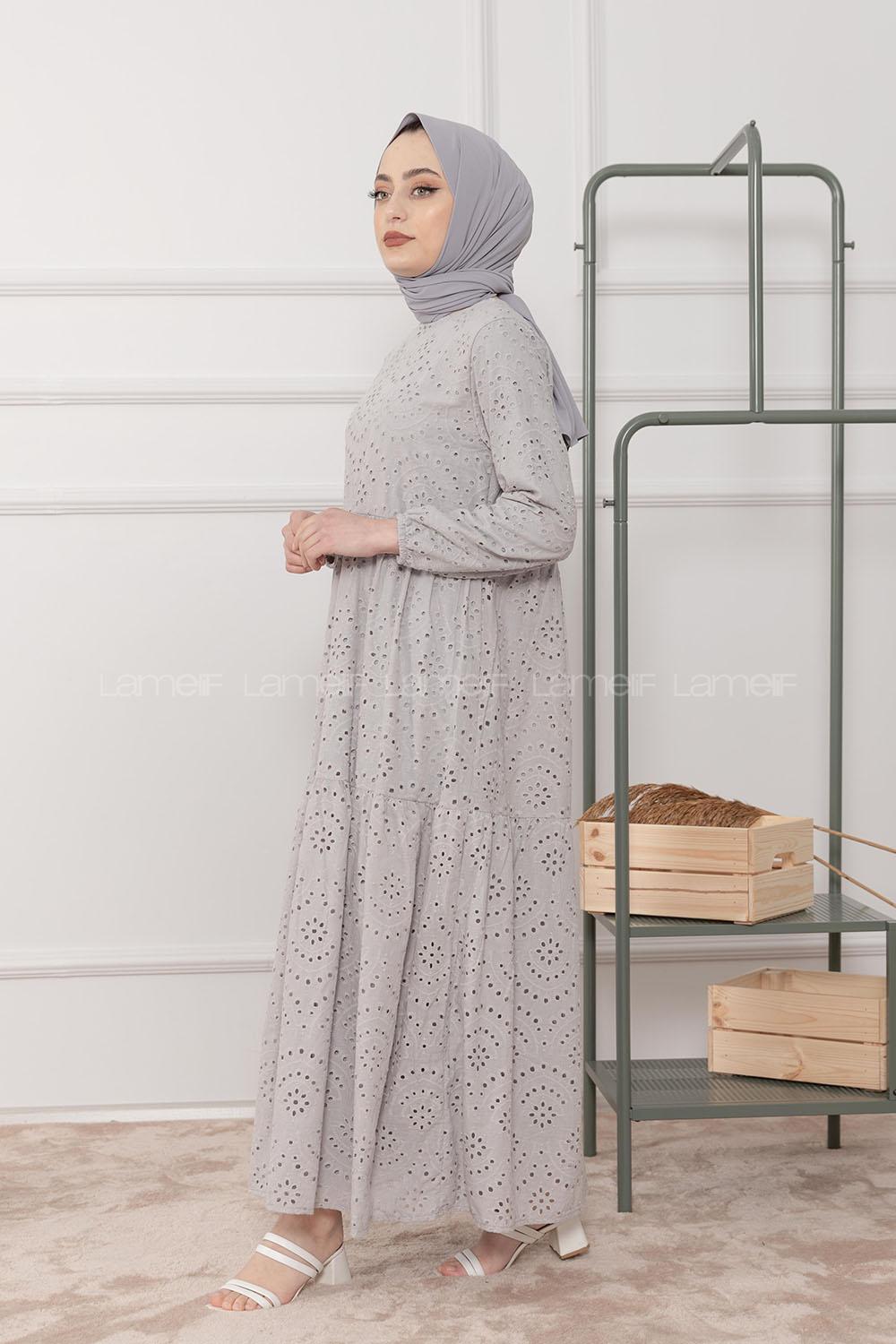 Modalamelif Kol Lastikli Papatya Dantel Elbise Gri