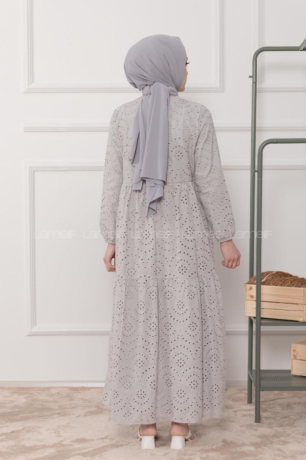 Modalamelif Kol Lastikli Papatya Dantel Elbise Gri