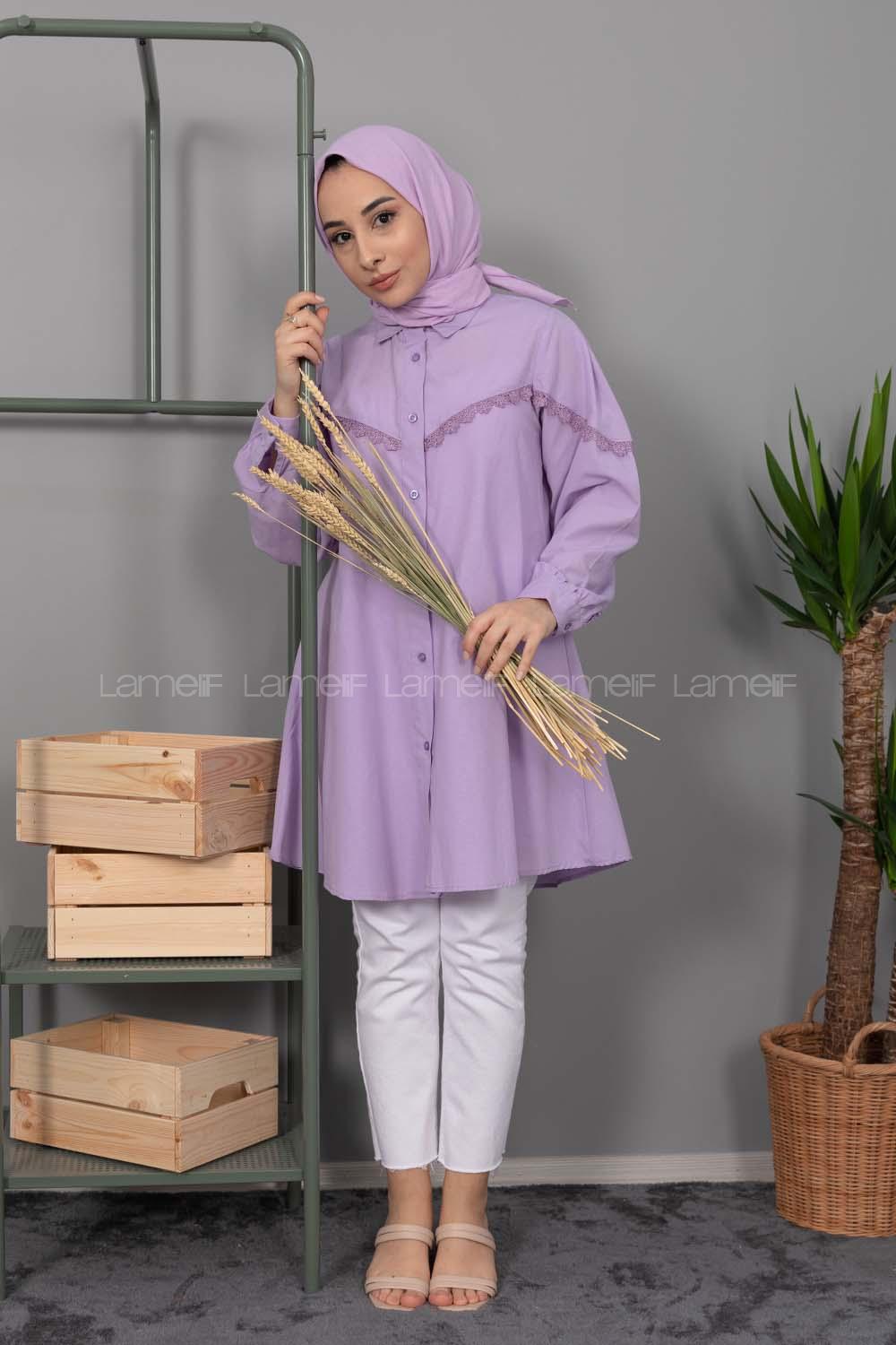 Modalamelif Önü Güpür Fırfırlı Gömlek Lila