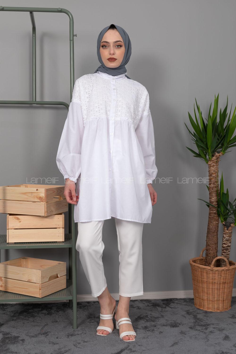 Modalamelif Önü Güpürlü Gömlek Beyaz